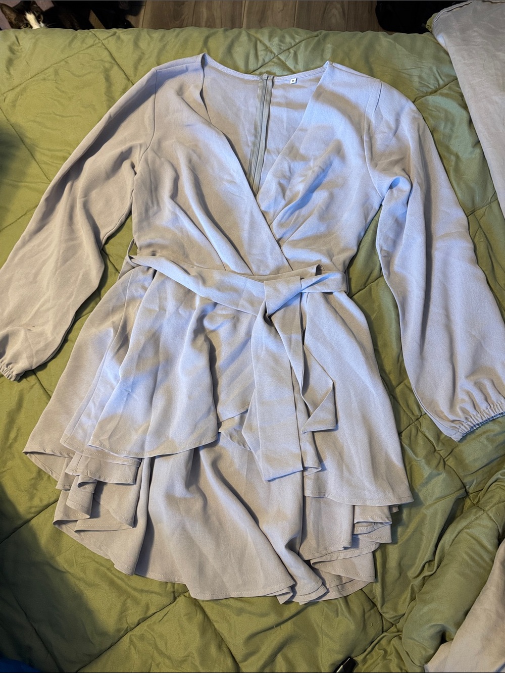 Light Gray Ruffled Skirt Dress with Waist Tie